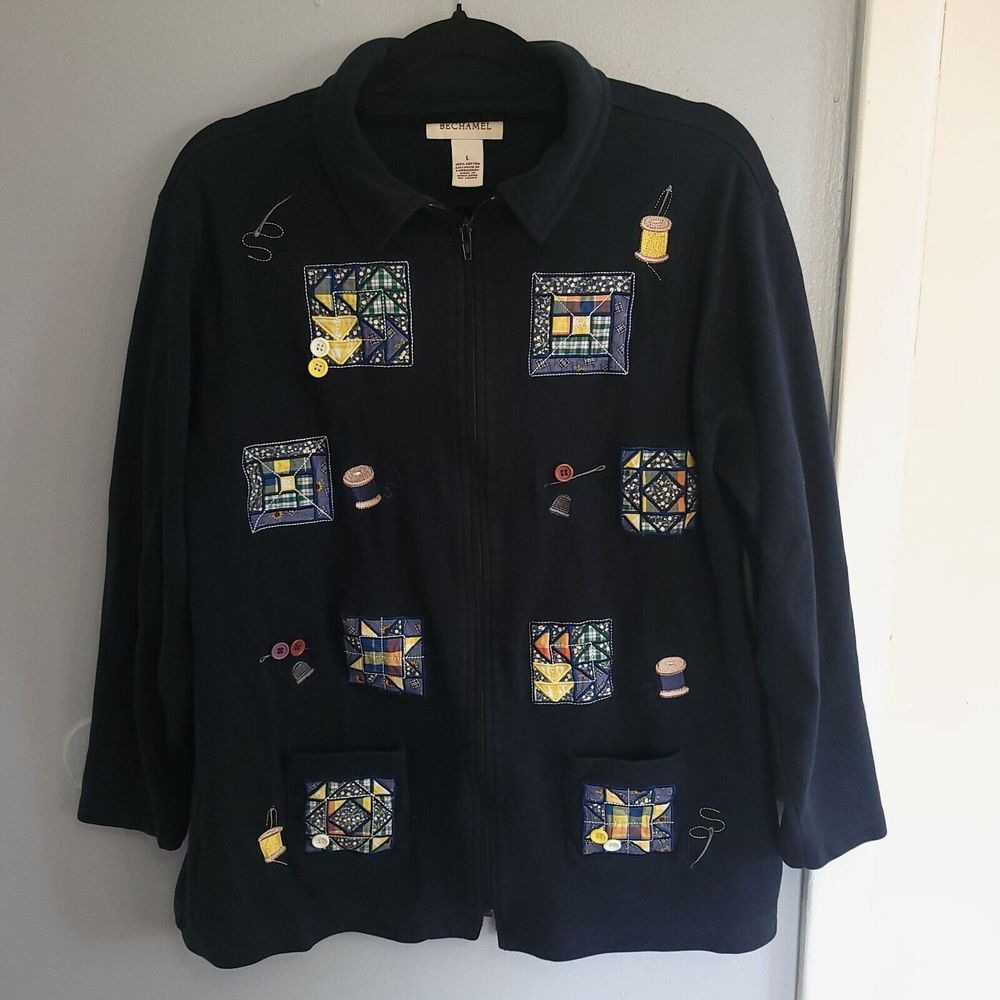 Bechamel Quilter Seamstress Jacket Cotton Vintage Navy Knit Cardigan Size Large